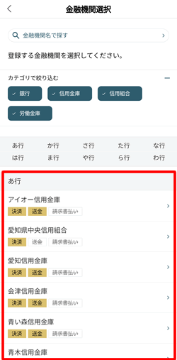 表示されている銀行、信用金庫、信用組合、労働金庫から選ぶ