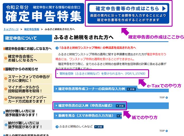 国税庁のサイトで「ふるさと納税の確定申告のやり方」がのっている場所